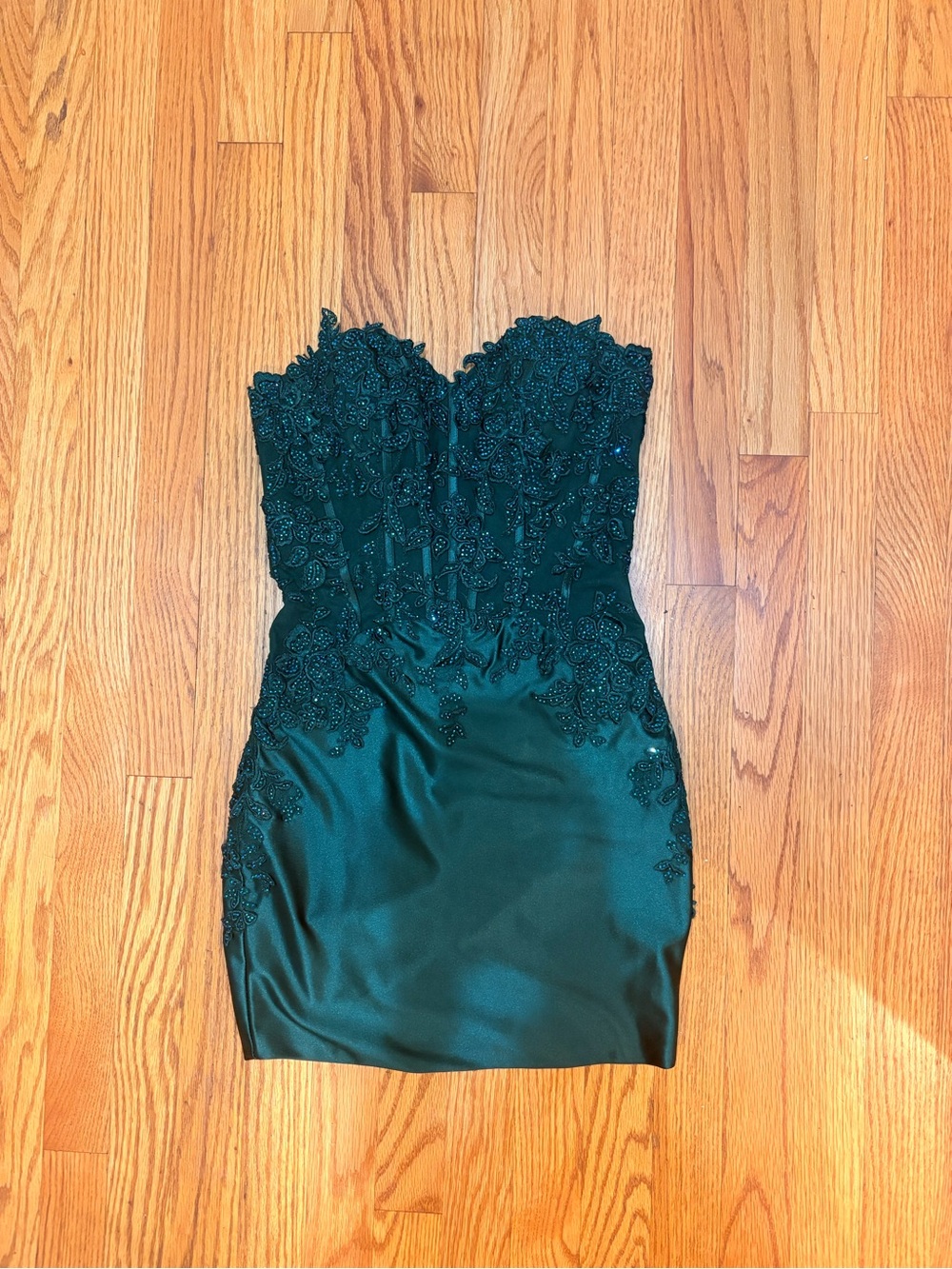 La Femme Dark Green Strapless Embroidered Mini Dress